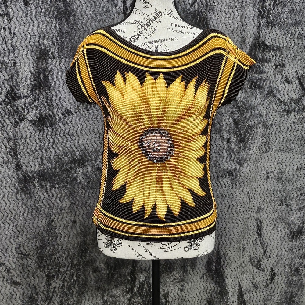 Vintage Sunflower Plisse Scrunch‎ Top Womens L Stretch Crinkle Y2K Boho Festival